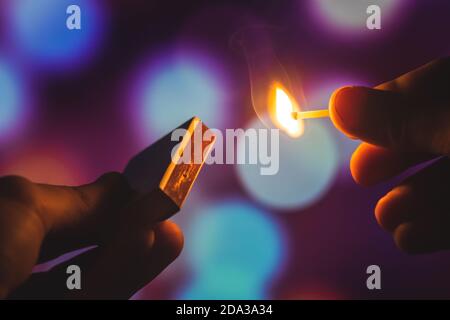 Magical photos of matches on a beautiful bright background with bright bokeh Stock Photo