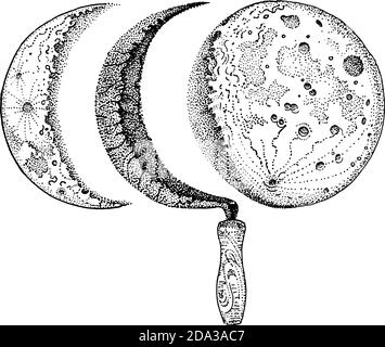Sickle and moon phases. Waning and crescent moon. Hand drawn vector illustration isolated black on white. T shirt print, tattoo design in dotwork Stock Vector