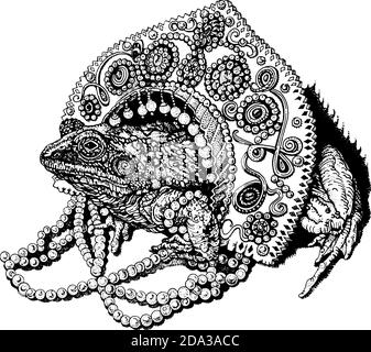 The frog princess. Amphibian in a traditional Russian headdress, pearls and jewelry. Hand drawn ink pen fairytale illustration. T shirt print, tattoo Stock Vector