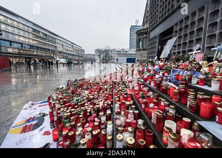 BERLIN, GERMANY - Jan 30, 2017: Candles and flowers in tribute to victims of December 19, 2016 terrorist attack in the center of western Berlin Stock Photo