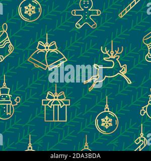 Green and gold Christmas seamless pattern with new year icons Stock Vector