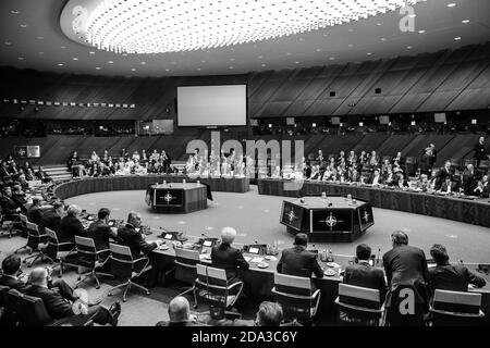 BRUSSELS, BELGIUM - Jul 12, 2018: NATO military alliance summit. World leaders during a meeting of the North Atlantic Treaty Organization summit in Brussels Stock Photo