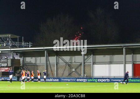 Fireworks during the FA Cup 1st Round match between FC United of Manchester and Doncaster Rovers at Broadhurst Park in Manchester Will Matthews/Sports Press Photo Stock Photo