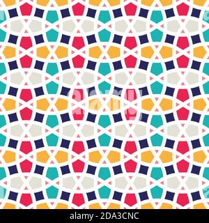 Traditional arabic tangled lattice pattern. Seamless vector background. Red, orange, turquoise, navy blue colors and white lines waves Stock Vector