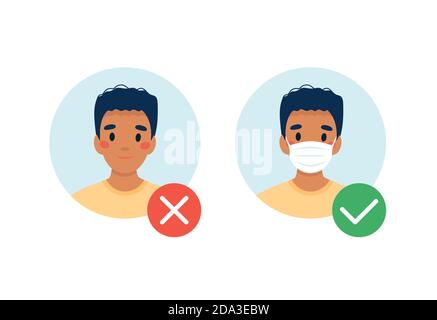 Mask required. No entry without wearing a mask. Man with and without medical mask. Vector illustration in flat style Stock Vector