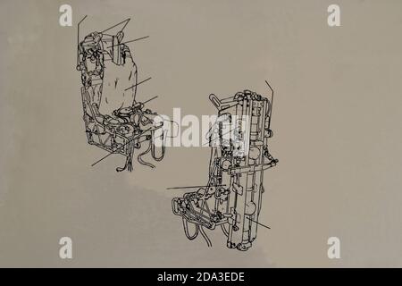 Ejection seat of military aircraft in drawing on paper sheet, hand ...