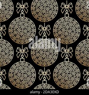 Golden seamless pattern with Christmas balls and snowflake Stock Vector