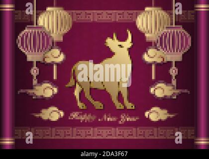2021 Happy Chinese new year of ox golden purple relief lantern cloud and lattice frame on a vintage scroll Stock Vector