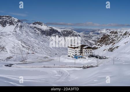 Hotel building at the top of the Stelvio Pass in northern Italy Stock Photo