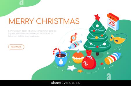 Merry Christmas - modern colorful isometric web banner Stock Vector