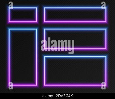Neon gradient rectangular frames set, collection of blue-purple glowing borders. Colorful illuminated banners. Stock Vector