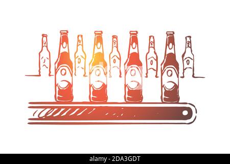 Alcohol factory, lager manufacturing process, bottling workshop, ale bottles with labels on conveyor line, finished product Stock Vector