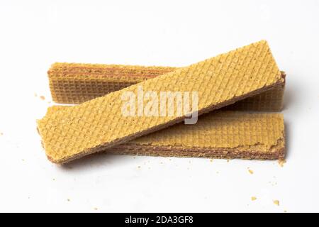 Isolated vanilla wafer snack stack on white background Stock Photo