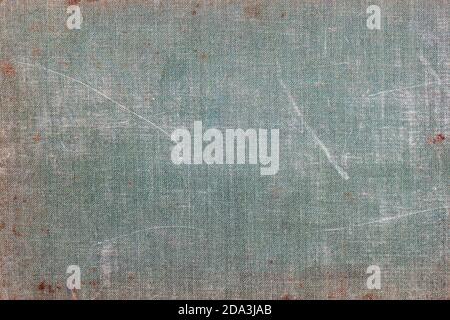 Texture of green aged canvas, sackcloth, dirt stains, spots, vintage background Stock Photo