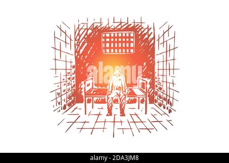 Prisoner behind bars, inmate sitting on bed in jail cell, correctional institution, justice system Stock Vector