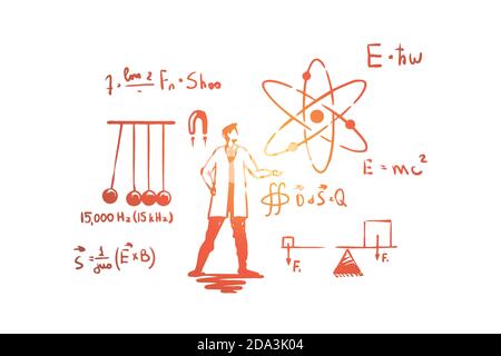 Man in white coat, science experiment, Newton cradle,complex equations, Einstein formula Stock Vector