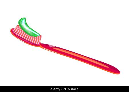Red toothbrush with toothpaste icon isolated on white background. Toothpaste on toothbrush. Tooth hygiene, stomatology prophylaxis equipment. Vector Stock Vector
