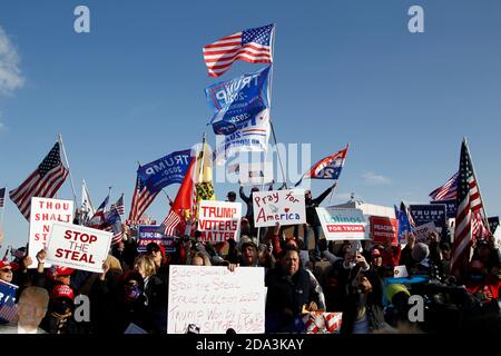 Las Vegas, United States. 09th Nov, 2020. Trump supporters protest during a rally outside the Election Center Headquarters in North Las Vegas on Sunday, November 8, 2020. The allegations of voting irregularities are false. President Donald Trump has so far refused to concede to President-elect Joe Biden, who won the presidential election on November 3rd. Photo by James Atoa/UPI Credit: UPI/Alamy Live News Stock Photo