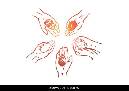 People holding various easter eggs in hands, decorated pysanka in palms, paschal tradition, togetherness Stock Vector