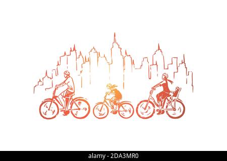 Parents with child riding bikes, happy people in helmets training, sport leisure, outdoor recreation Stock Vector