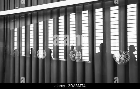 NEW YORK, USA - Sep 21, 2016: The emblem of the United Nations organizations in the building of UN Headquarters Stock Photo