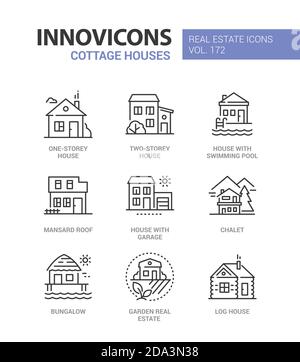 Cottage houses - modern line design style icons set Stock Vector