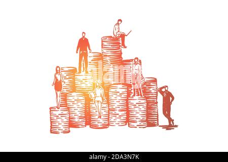 Coworkers on coin stacks, business development team, budget management, capital, income growth, banking system Stock Vector