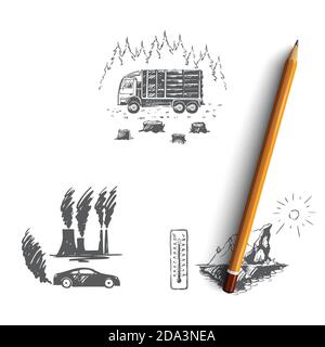 Global warming - factory pollution, iceberg melting, cutting down trees vector concept set Stock Vector