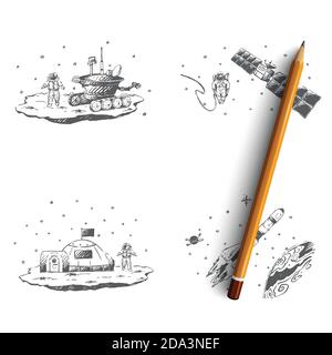 Astronaut - study of surface, orbital station, space journey, colonization vector concept set Stock Vector