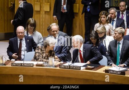 NEW YORK, USA - Sep 20, 2017: Prime Minister of the United Kingdom Theresa May and US Vice President Michael Pence before the debates at the UN Security Council Summit Stock Photo