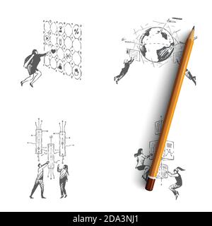 Future technologies - people pushing buttons, looking at screens and exploring technologies of future vector concept set Stock Vector