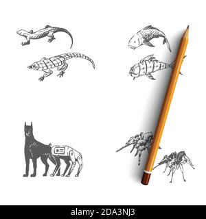 Bio robots - robot fish, dog, spider and gecko vector concept set Stock Vector