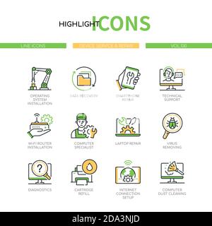Device service and repair - modern line design style icons set Stock Vector