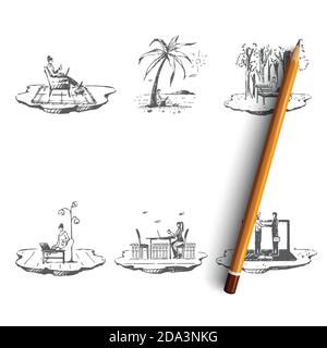 Freelancer - people working with laptops on nature outdoors and in comfortable places vector concept set Stock Vector