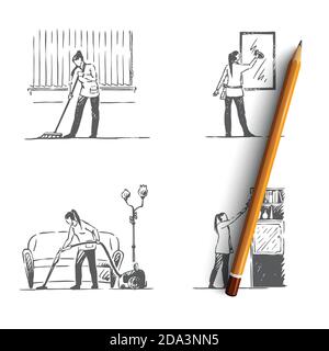 Cleaning service - washing floor, mirrors, shelves and vacuuming vector concept set Stock Vector