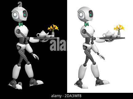 A humanoid robot waiter carries a tray of food and drinks. Isolated on black and white background.Future concept with robotics and artificial intellig Stock Photo