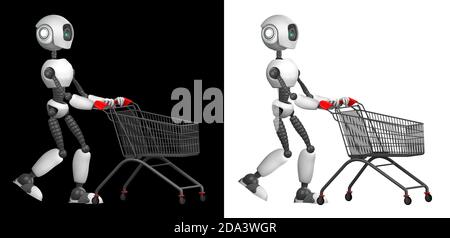 A humanoid robot with a shopping trolley. Isolated on black and white background. Future concept with robotics and artificial intelligence. 3D renderi Stock Photo