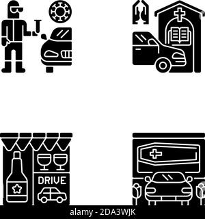 Drive thru services black glyph icons set on white space Stock Vector