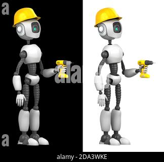 A humanoid robot builder in a construction helmet and a drill in his hand.  Isolated on black and white background.Future concept with robotics and ar Stock Photo