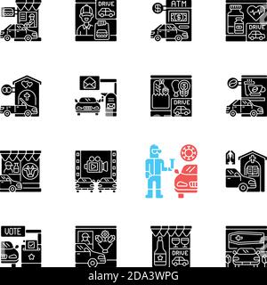 Drive through services black glyph icons set on white space Stock Vector