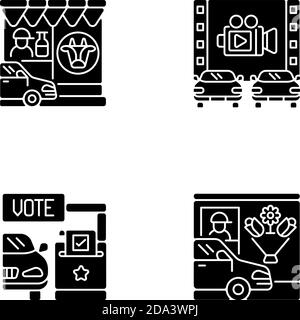 Drive in services black glyph icons set on white space Stock Vector