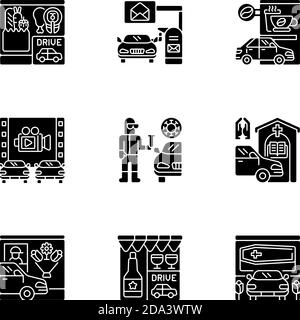 Drive in services black glyph icons set on white space Stock Vector
