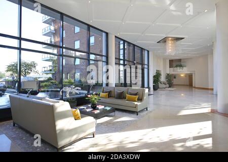 Entrance lobby to Waterside Point, a modern, luxury residential block next to the River Thames in Battersea, London, UK Stock Photo