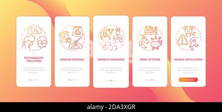 Unethical farm production red onboarding mobile app page screen with concepts Stock Vector