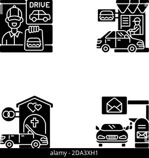 Car in drive thru lane black glyph icons set on white space Stock Vector
