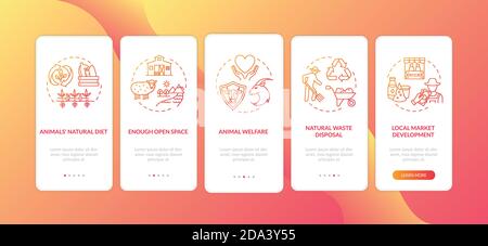 Ethical dairy industry production red onboarding mobile app page screen with concepts Stock Vector