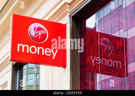 Sign with company logo for Virgin Bank, Glasgow, UK Stock Photo