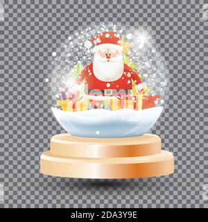 Magic Christmas Crystal Ball with Santa Claus, Gift Boxes and Fir Tree. Vector Illustration. Glass Souvenir Snow Ball on Transparent Grid. Single Obje Stock Vector