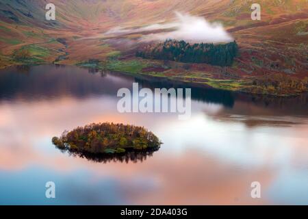 Haweswater in the Lake District National Park. Wood Howe is the small wooded island Stock Photo