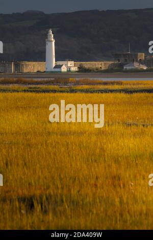 View across salt marshes at sunset. From Ile St. Martin towards ...